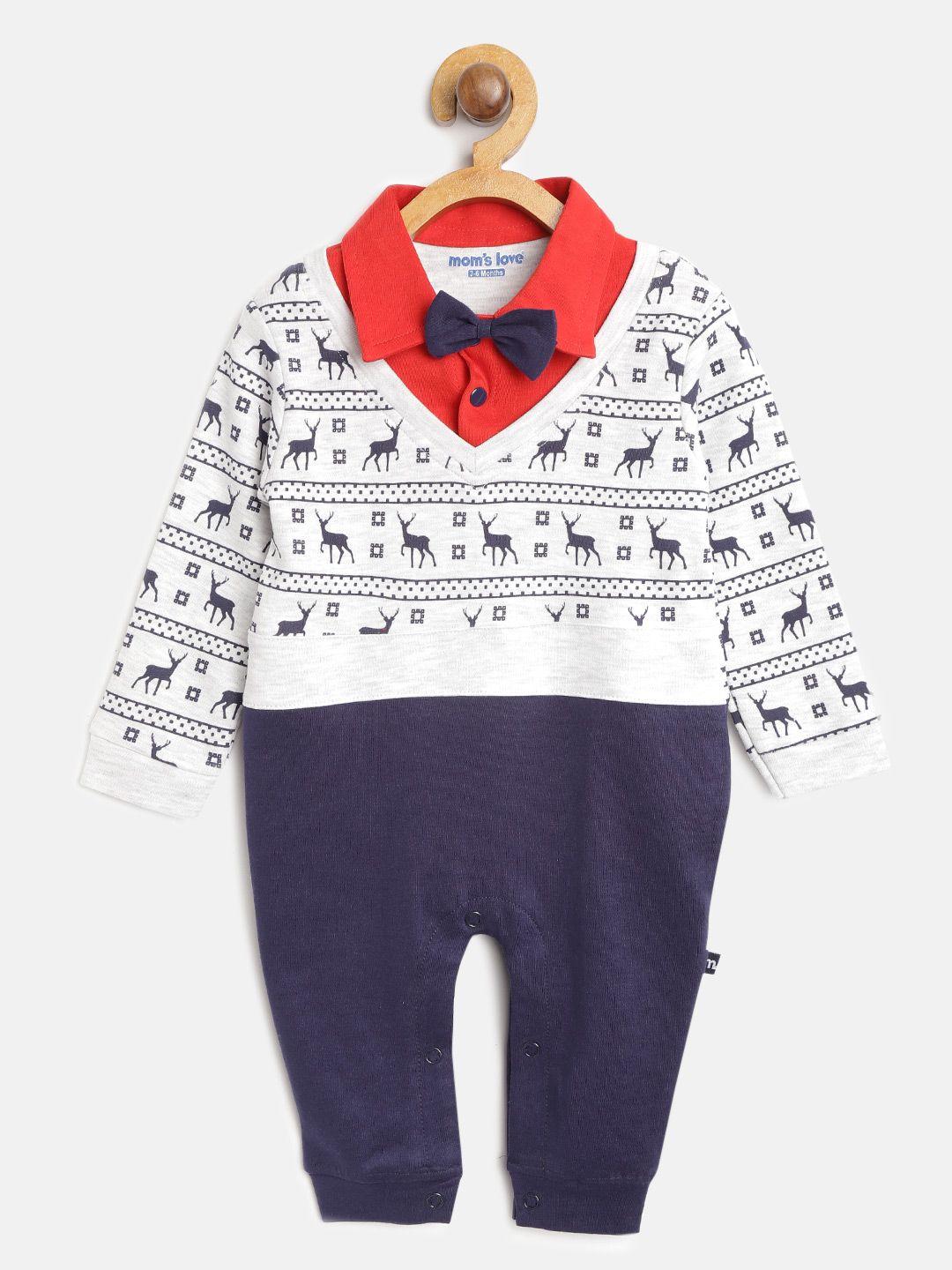moms love boys grey melange & navy blue reindeer print rompers with bow tie detail