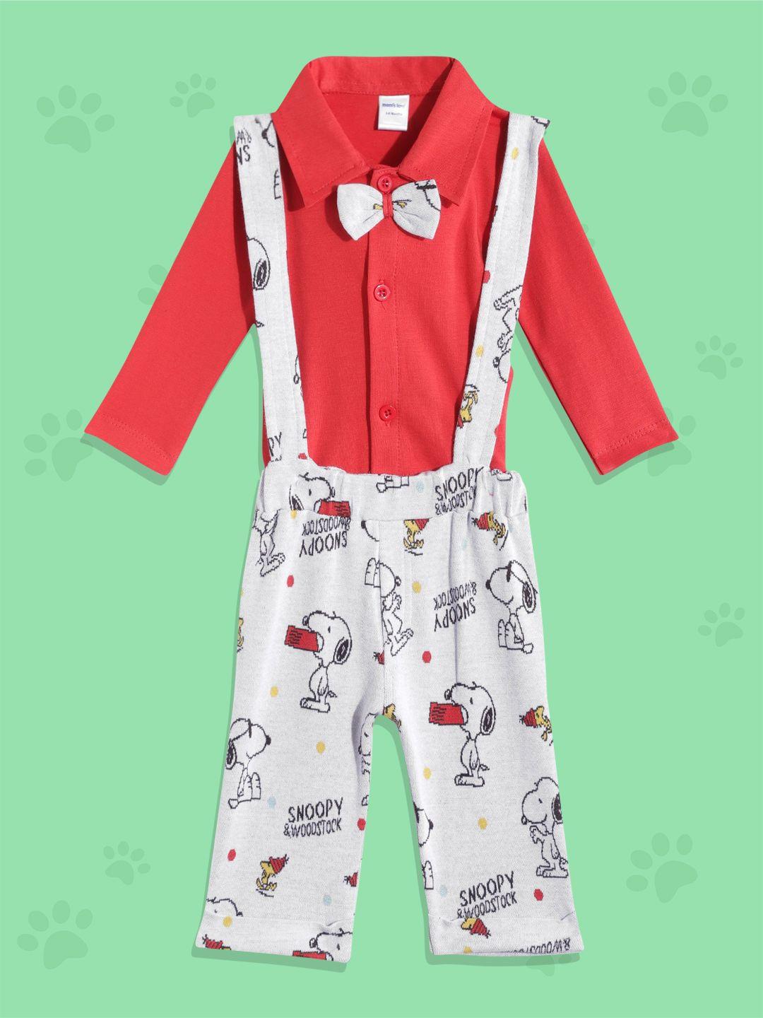 moms-love-boys-red-&-grey-solid-pure-cotton-shirt-with-bow-&-conversational-print-shorts