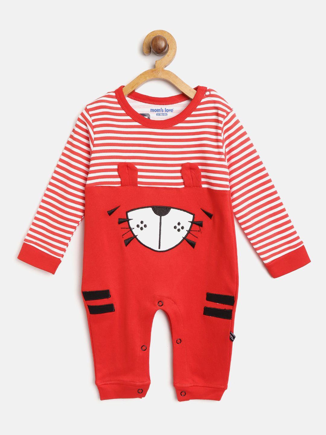 moms love boys red & white striped rompers with applique detail