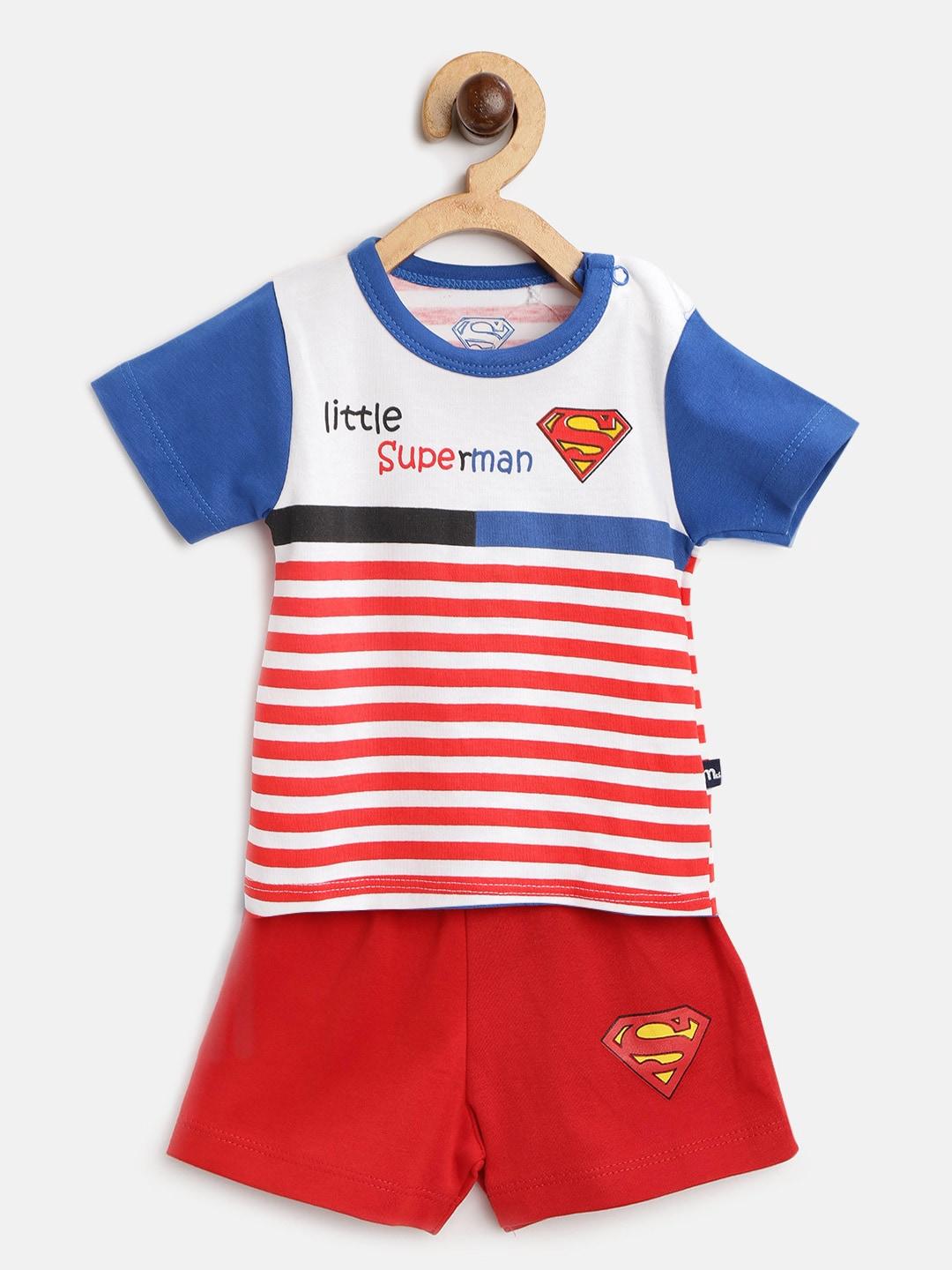 moms love boys white & red striped t-shirt & shorts with superman logo print detail