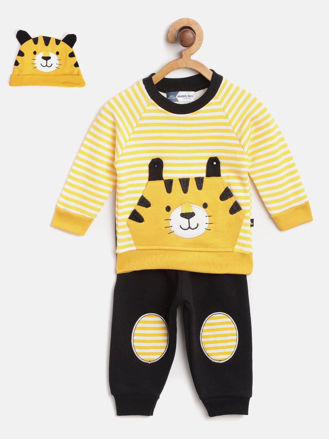 moms love boys yellow & black pure cotton striped sweatshirt with joggers & beanie