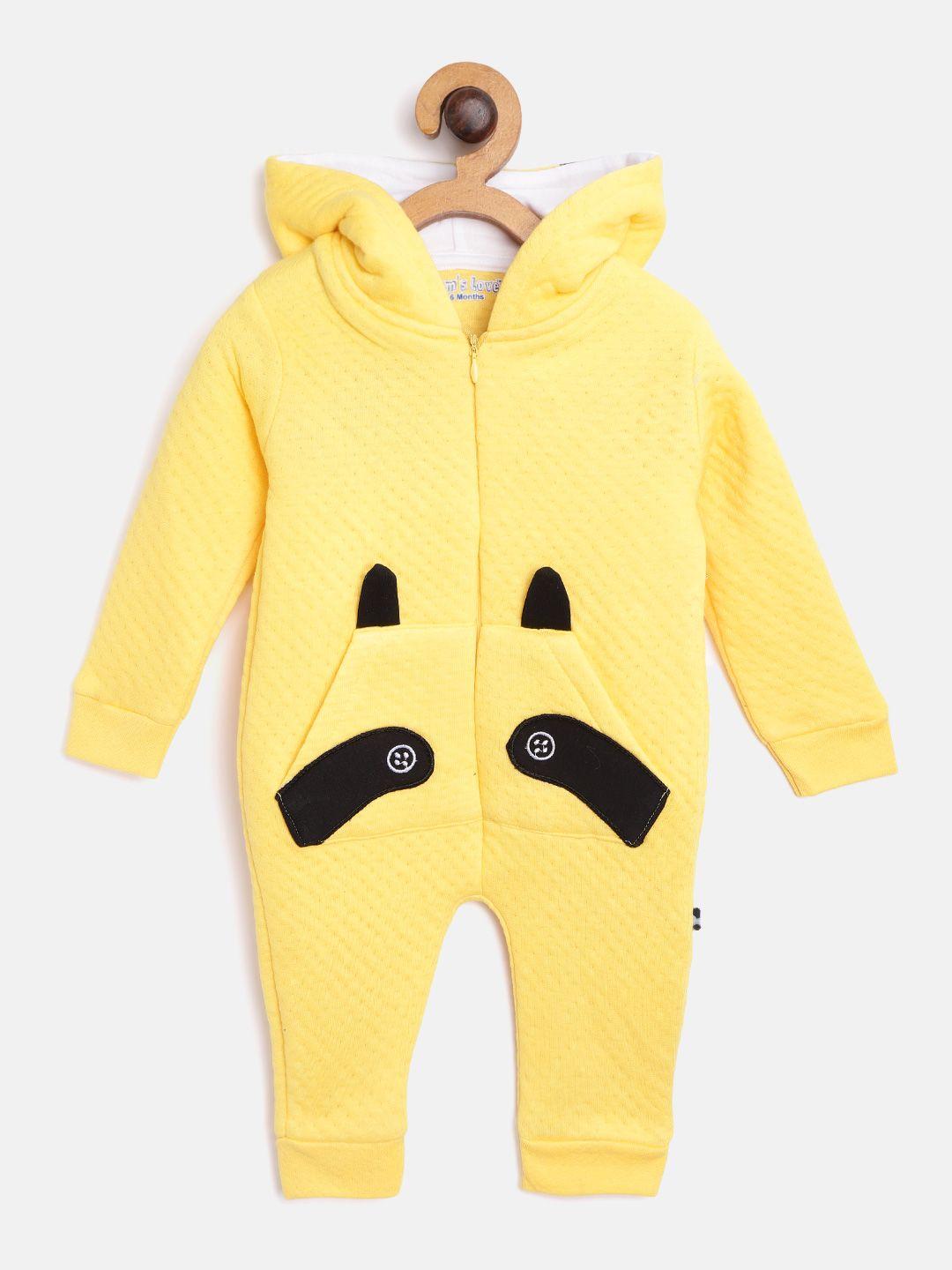 moms love boys yellow perforated hooded rompers with panda applique detail