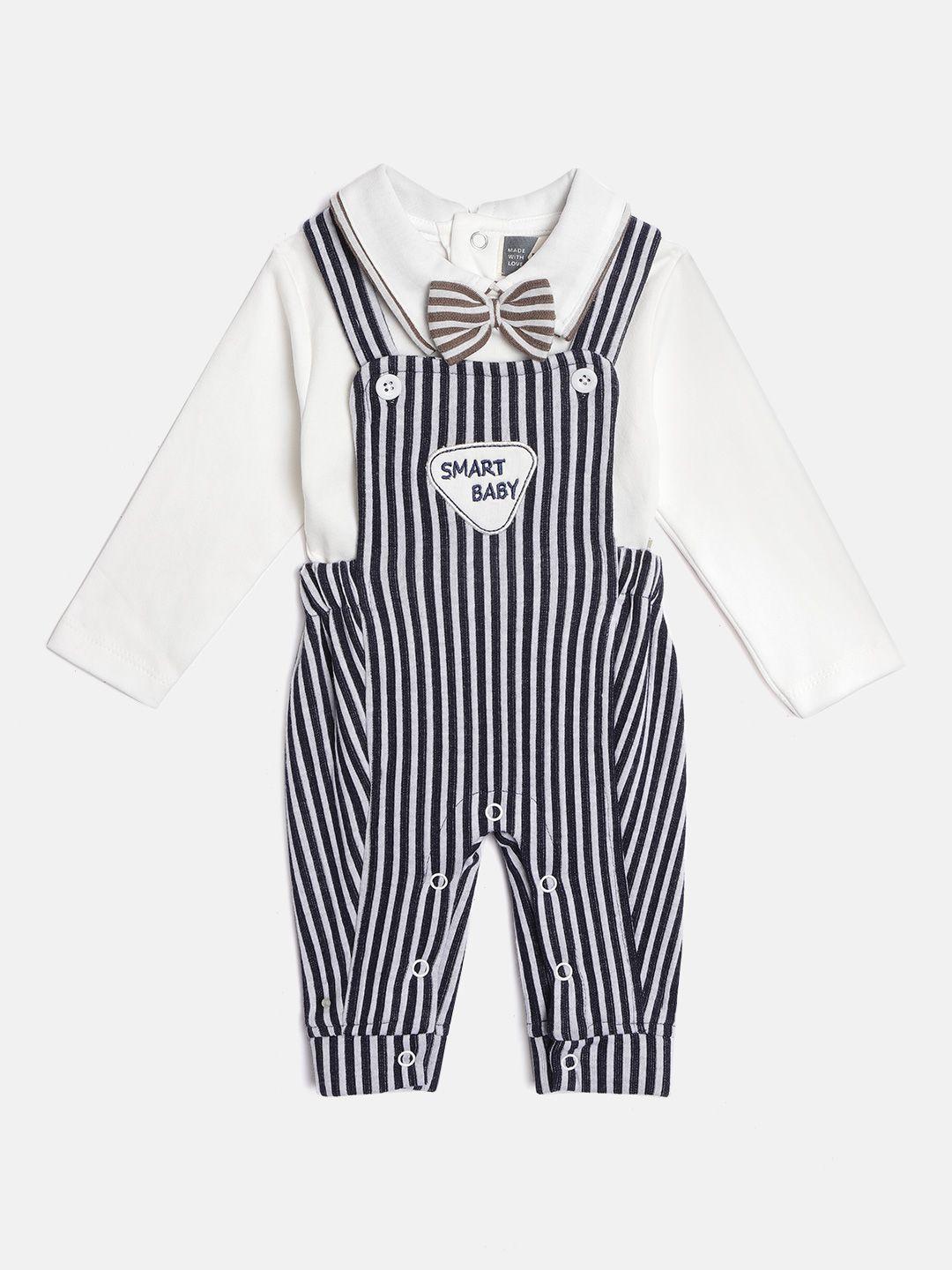 moms love infant  boys white & navy blue solid cotton t-shirt with striped dungarees