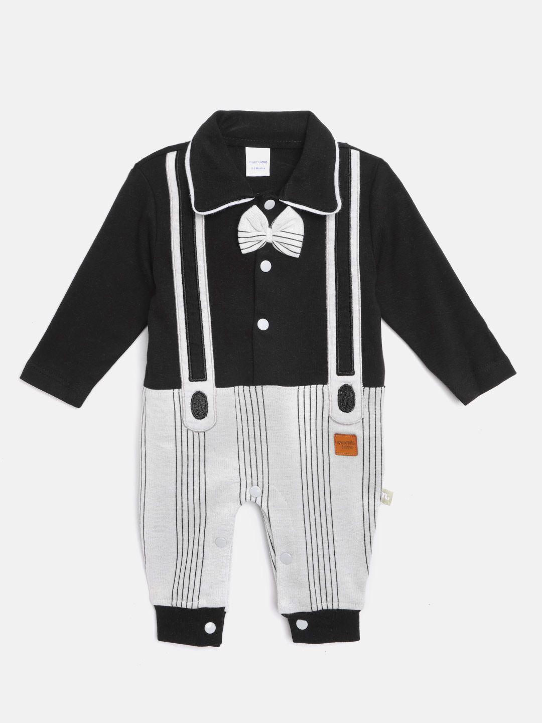 moms love infant boys black & grey cotton striped rompers with bow & suspenders detail