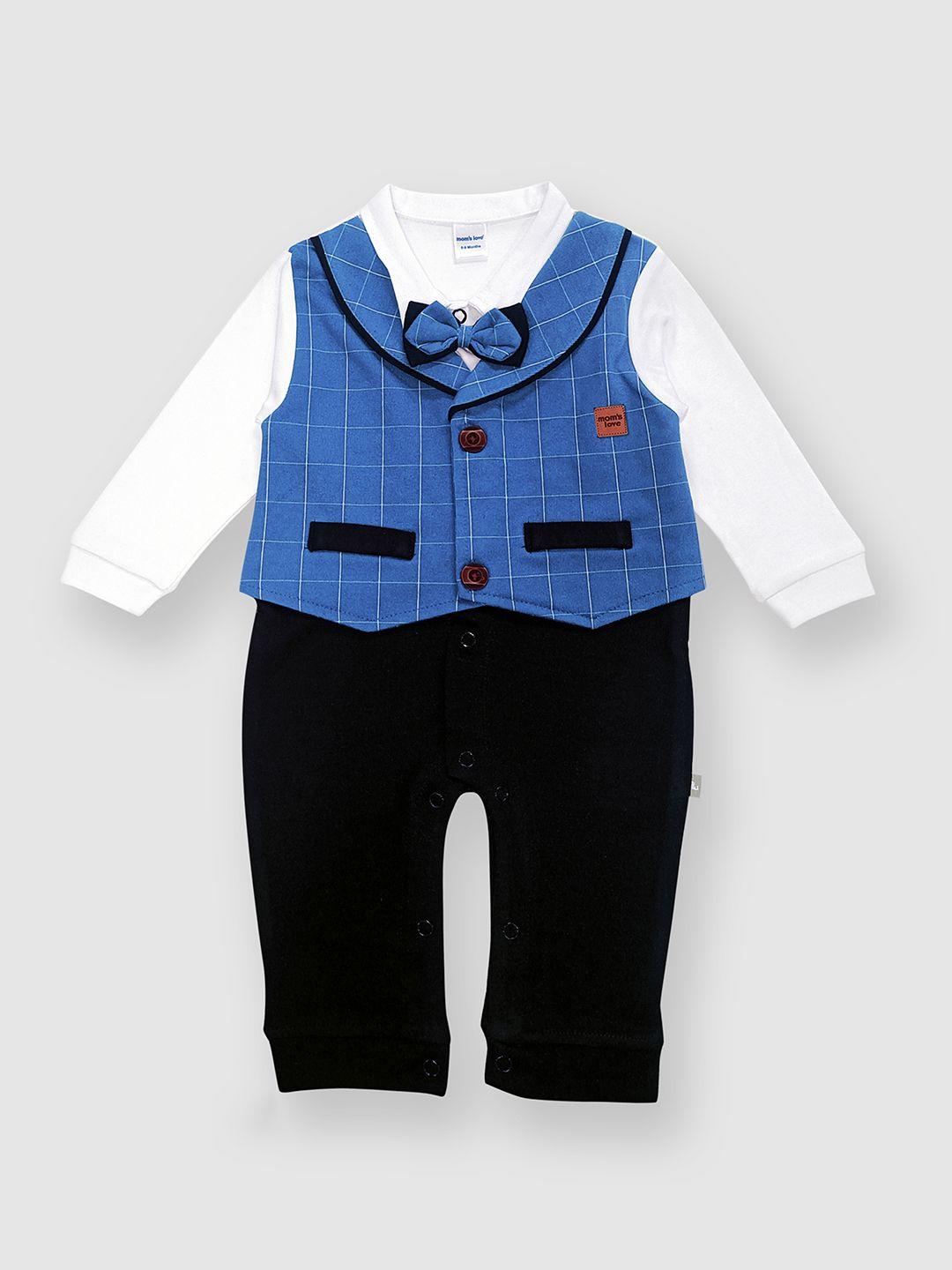 moms love infant boys blue & black checked pure cotton rompers with attached waistcoat