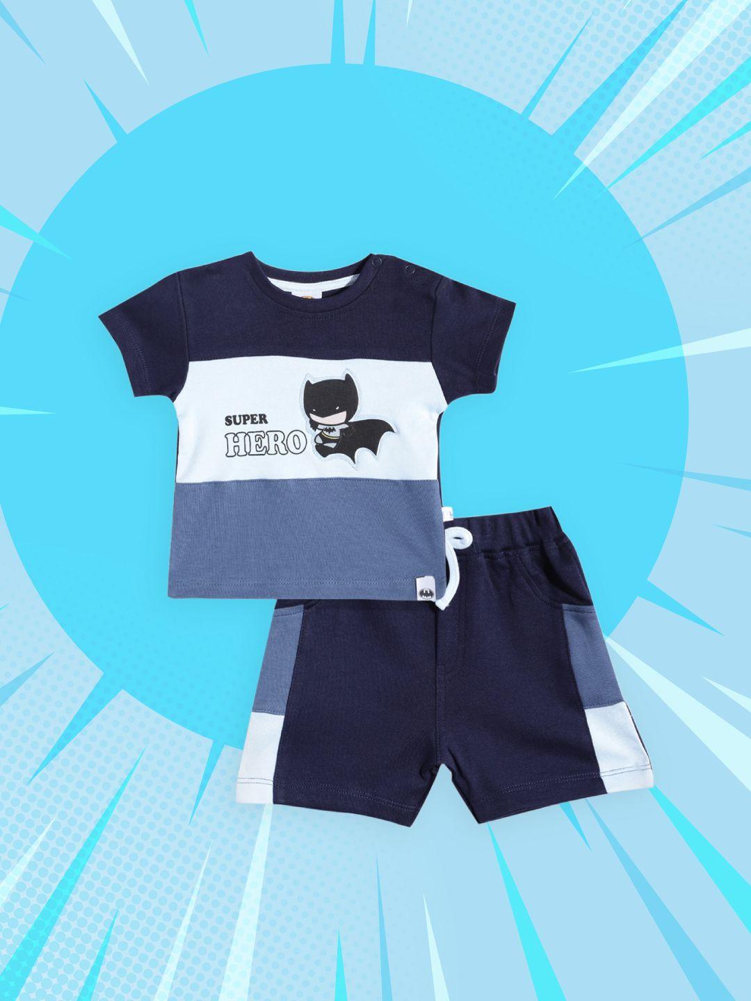 moms love infant boys blue colourblocked batman applique pure cotton t-shirt with shorts