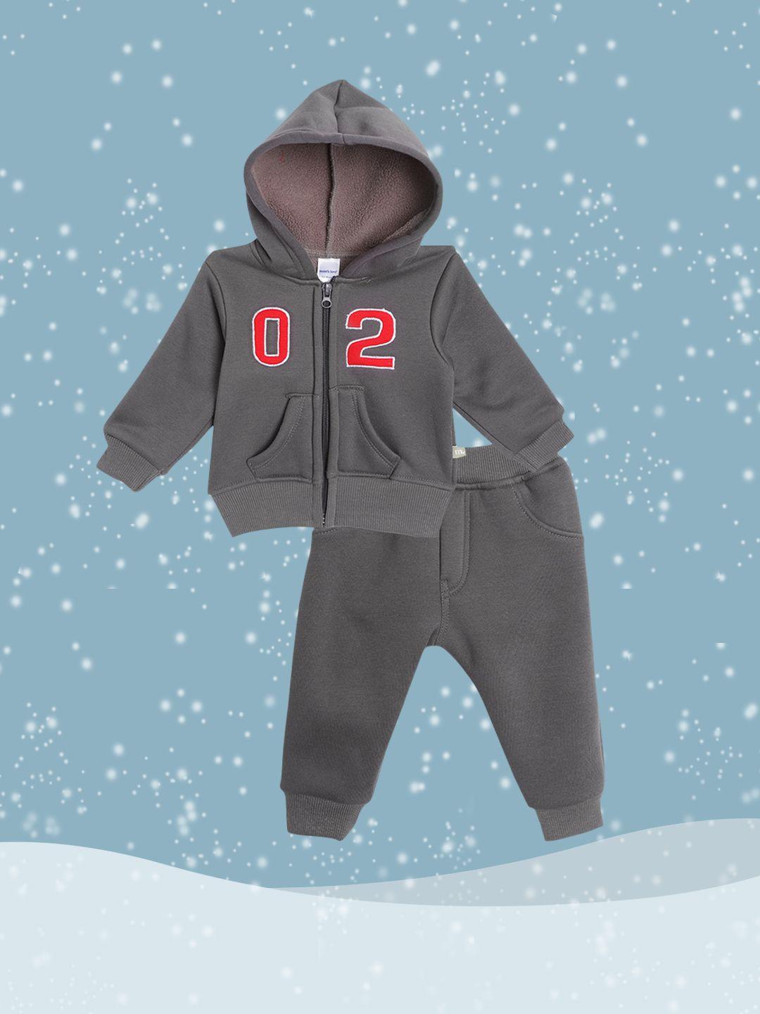 moms love infant boys charcoal grey & red cotton numeric hooded sweatshirt with pyjamas