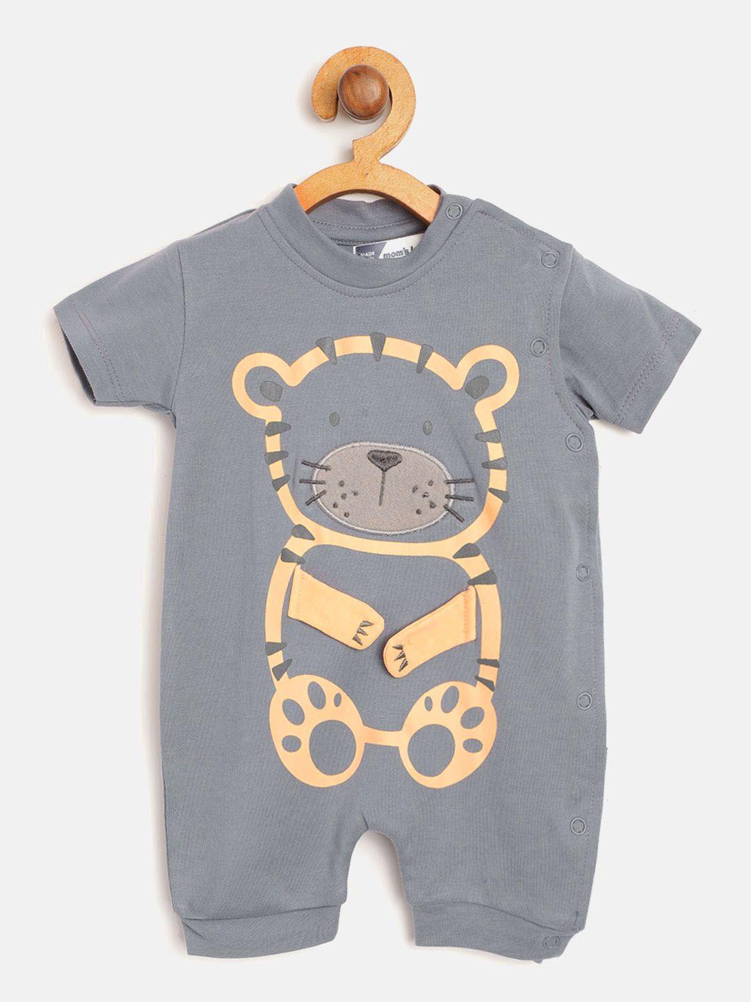 moms-love-infant-boys-charcoal-grey-&-yellow-teddy-print-pure-cotton-rompers