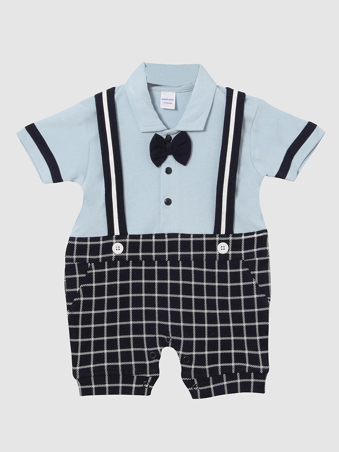 moms love infant boys checked cotton rompers
