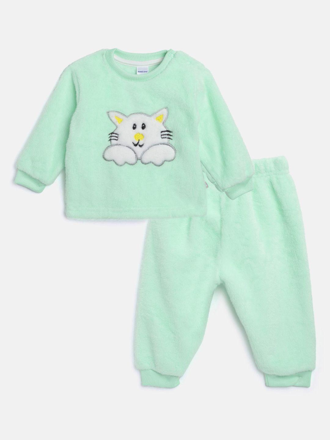 moms love infant boys green & white cotton solid applique sweatshirt with pyjamas