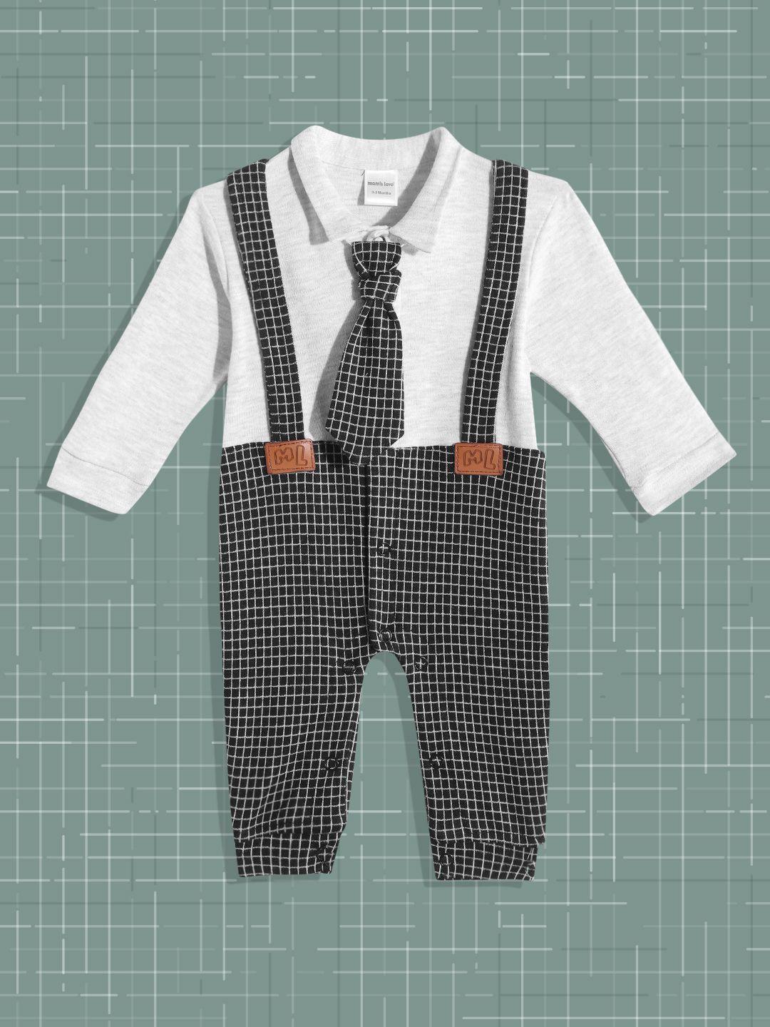 moms love infant boys grey & black cotton checked rompers with attached suspenders & tie