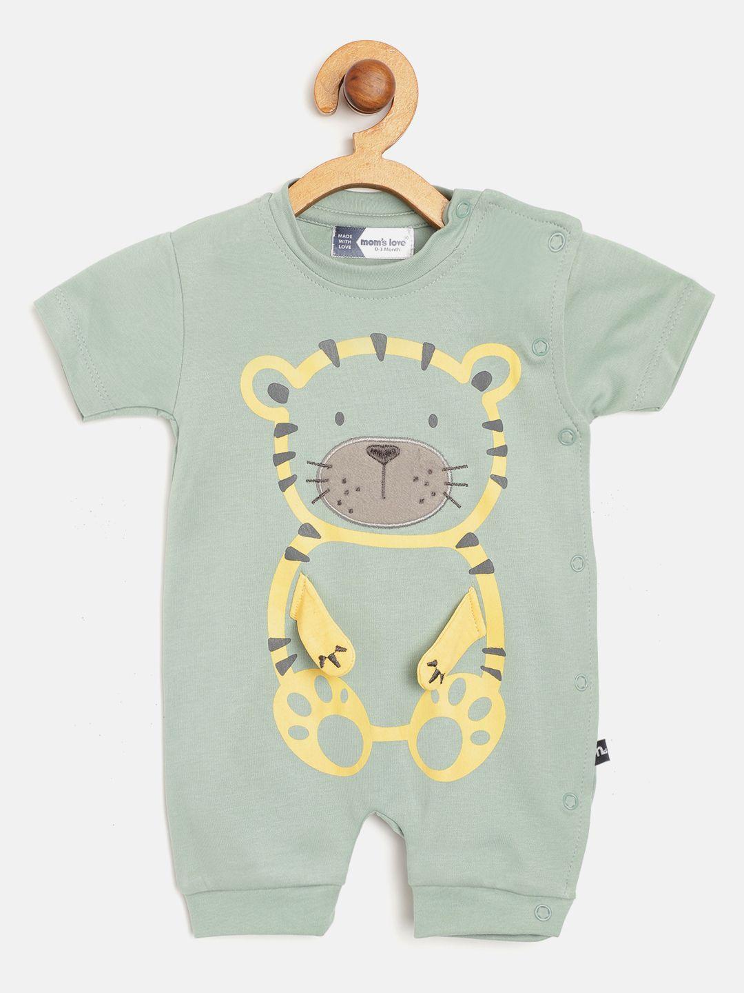 moms love infant boys mint green & mustard yellow pure cotton tiger print rompers