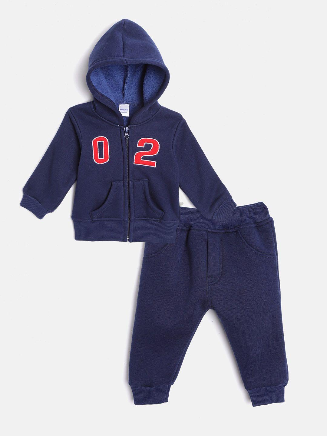 moms love infant boys navy blue & red cotton numeric hooded sweatshirt with pyjamas