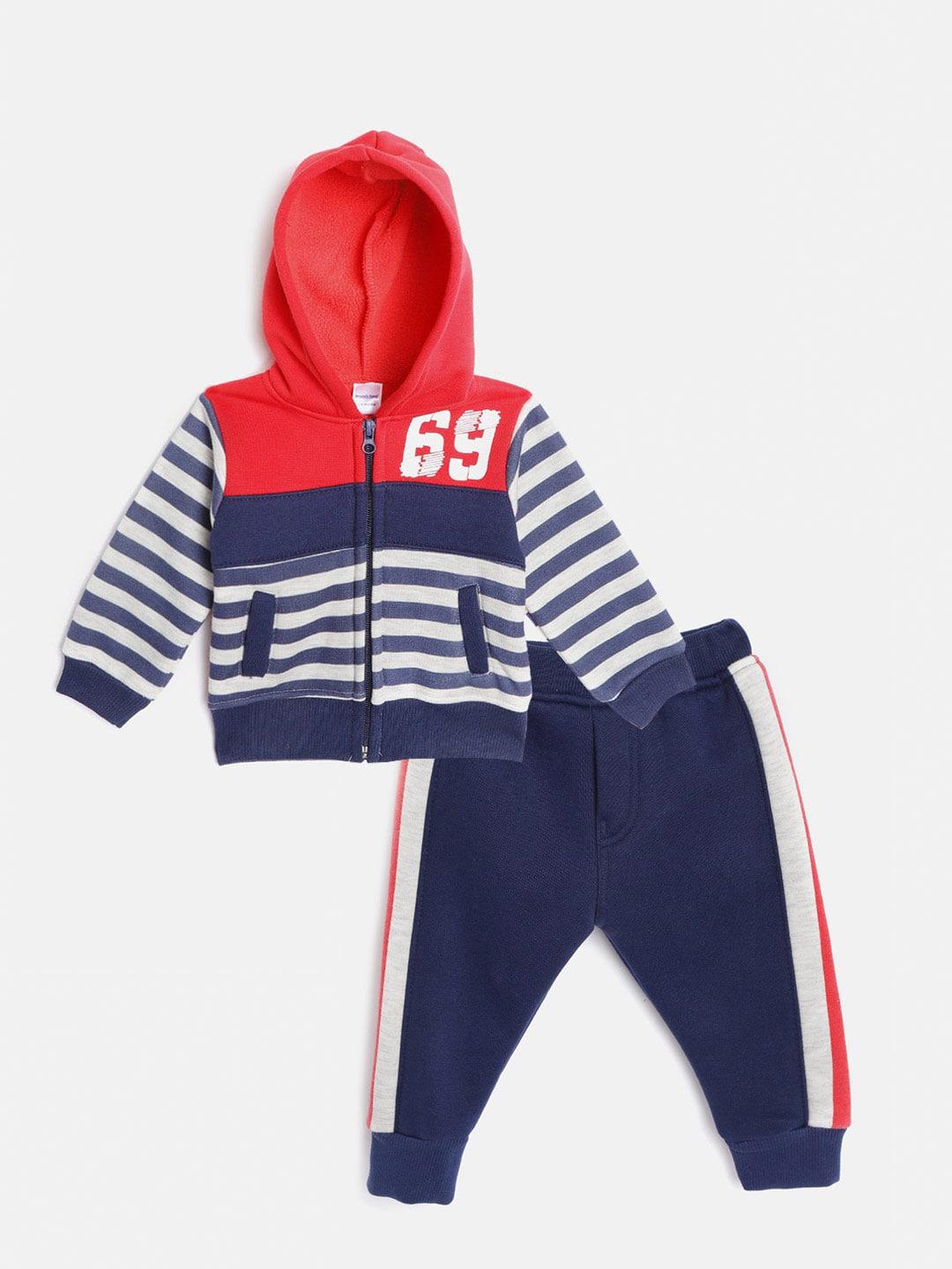 moms love infant boys navy blue & red cotton striped hooded sweatshirt with pyjamas