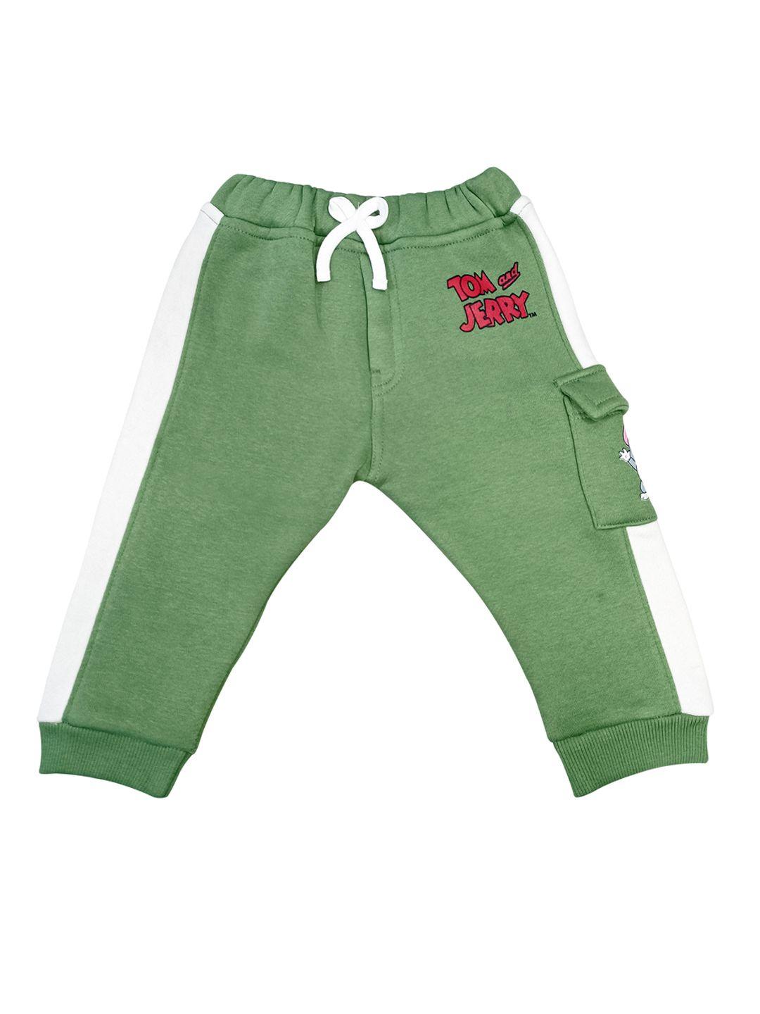 moms love infant boys olive green & white cotton joggers with tom & jerry print detail