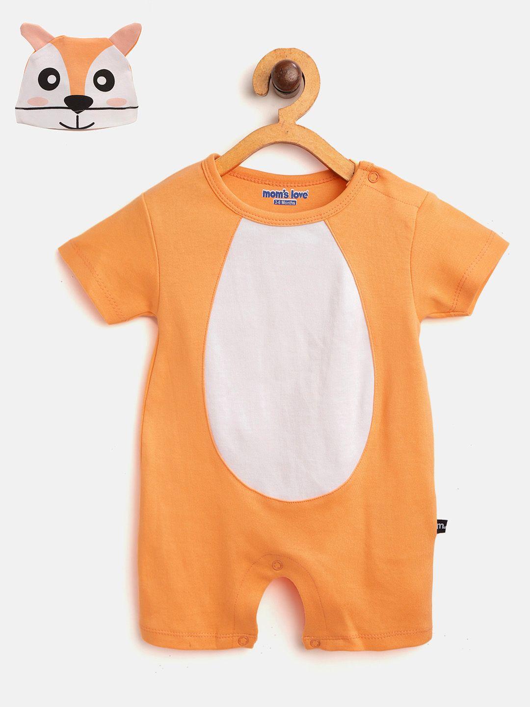 moms love infant boys orange & white pure cotton rompers with fox print beanie