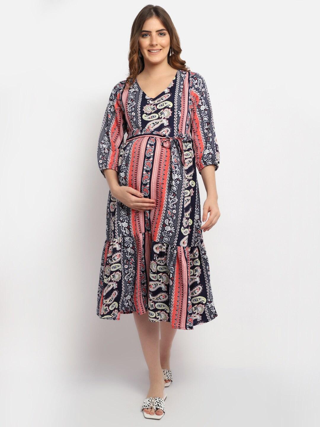 moms maternity ethnic motifs print crepe maternity fit & flare midi dress
