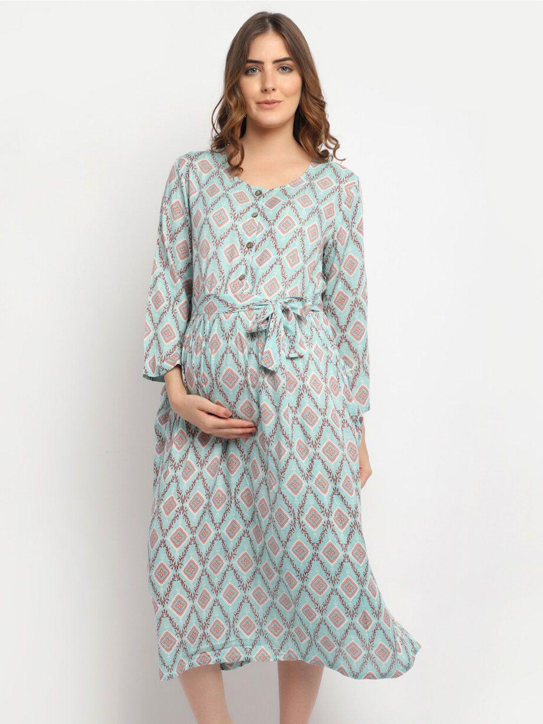 moms maternity floral printed puff sleeve maternity fit & flare midi dress with belt