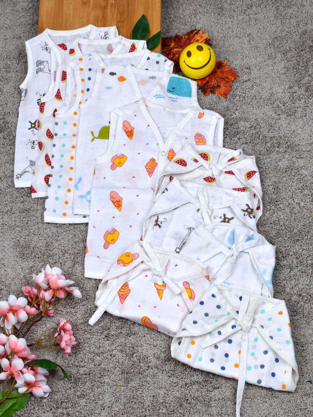moms home infants set of 5 printed organic cotton muslin jhabla with nappy