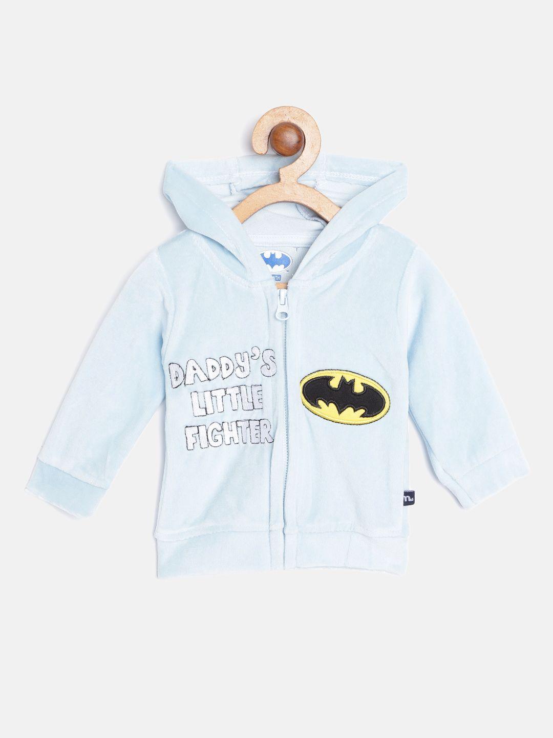 moms love boys blue & white typography & batman applique pure cotton hooded sweatshirt