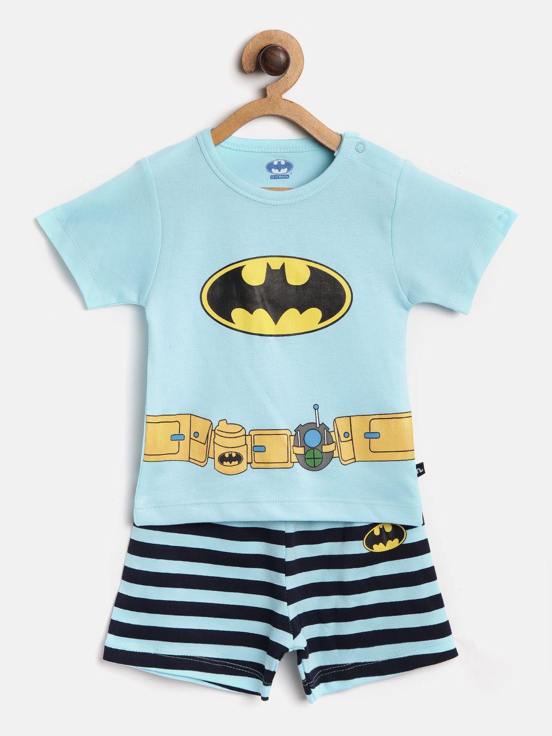 moms love boys blue batman logo printed t-shirt with striped horts