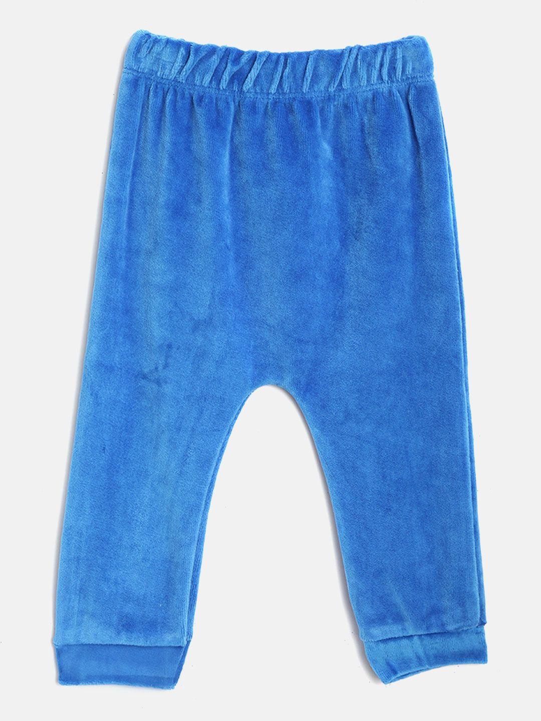 moms love boys blue solid velvet finish lounge pants with applique detail on back