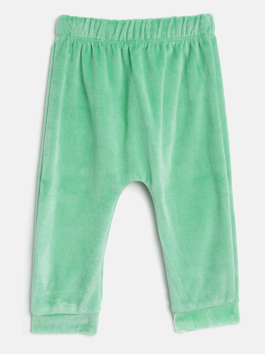moms love boys green solid velvet finish lounge pants with applique detail on back