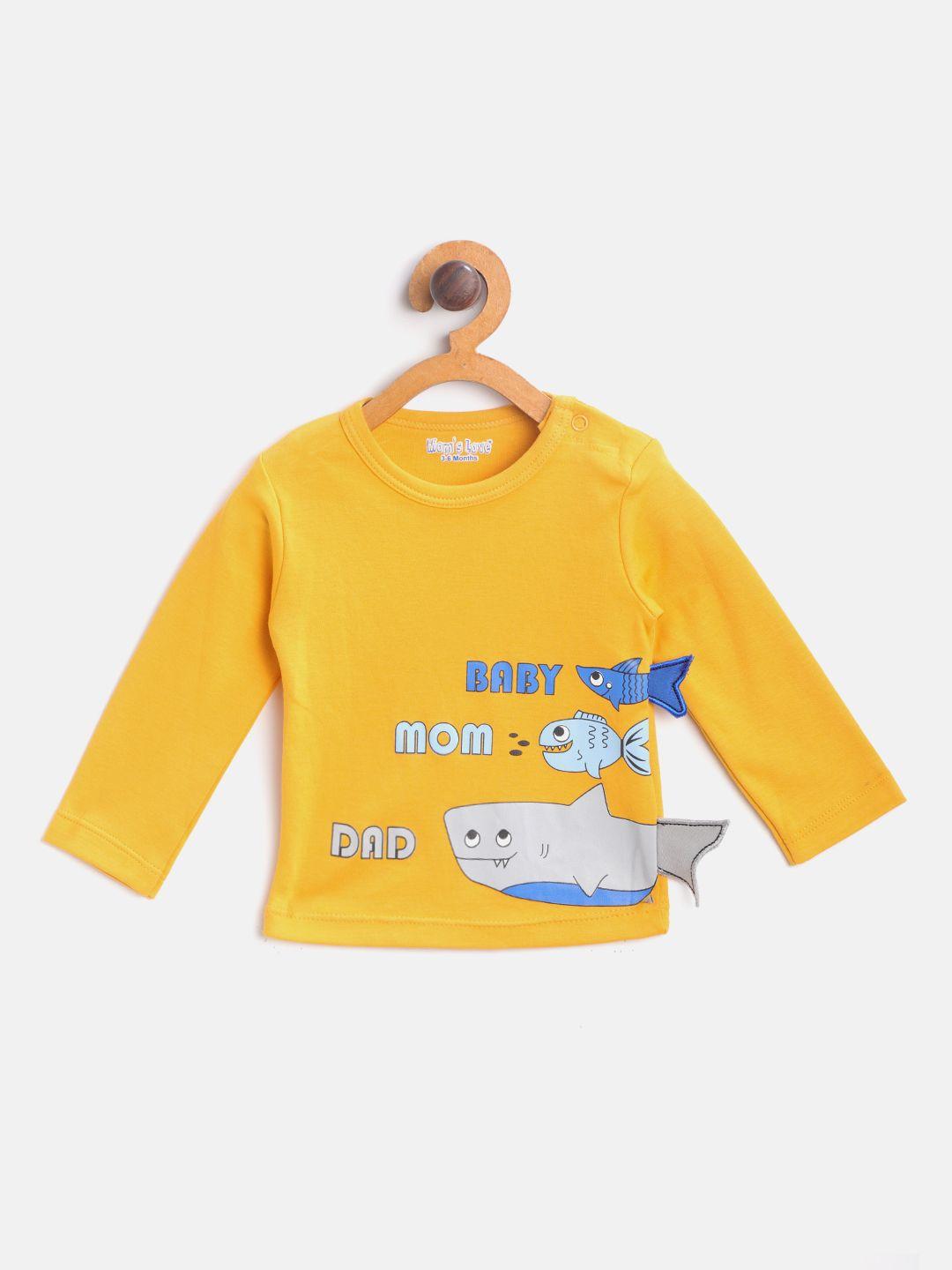 moms love boys mustard yellow graphic printed round neck t-shirt with applique detail
