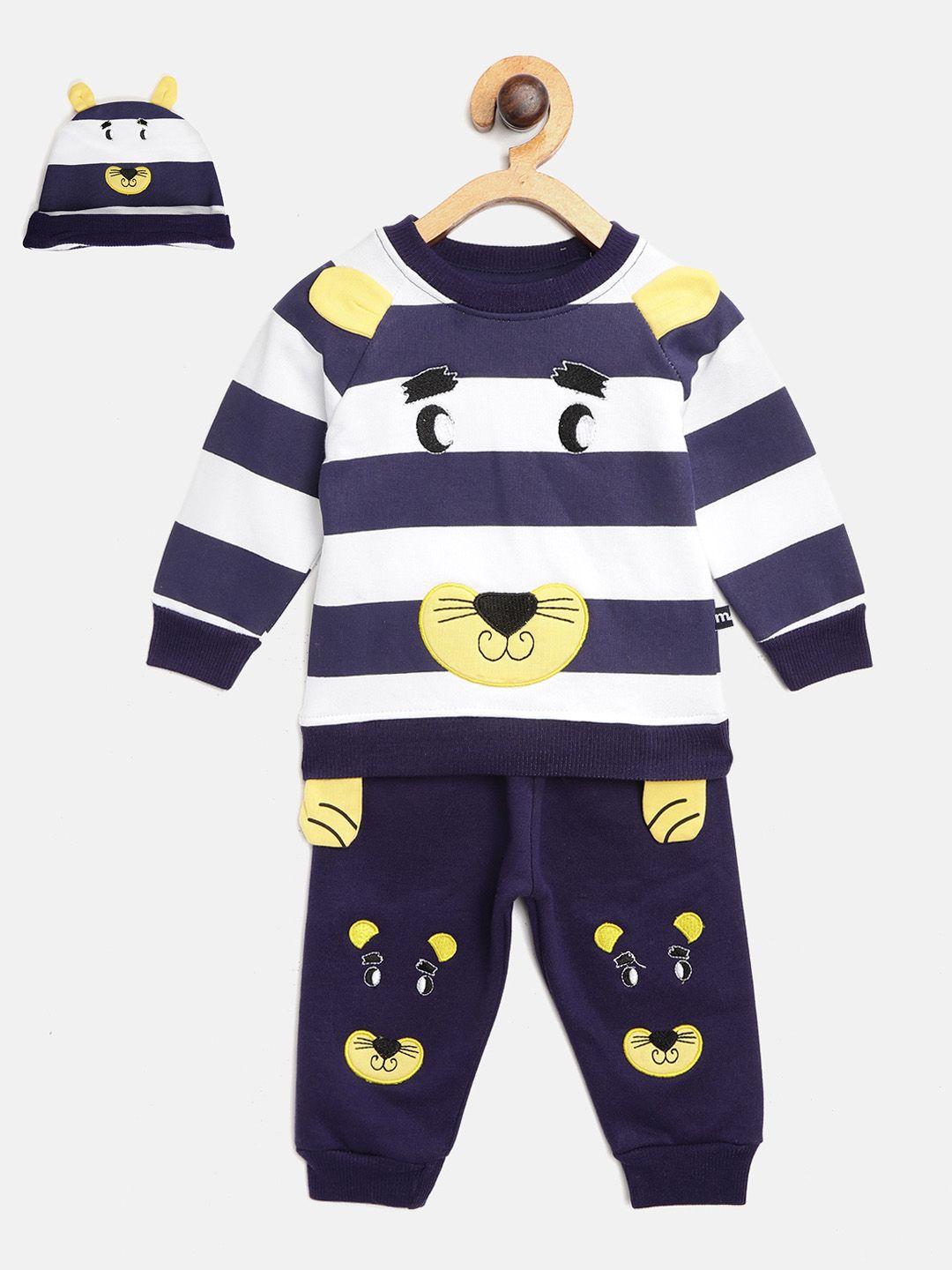 moms love boys navy blue & white pure cotton striped sweatshirt with joggers & beanie