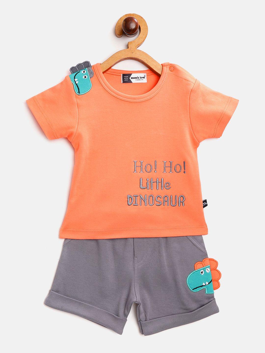 moms love boys orange & charcoal grey pure cotton embroidered t-shirt with shorts