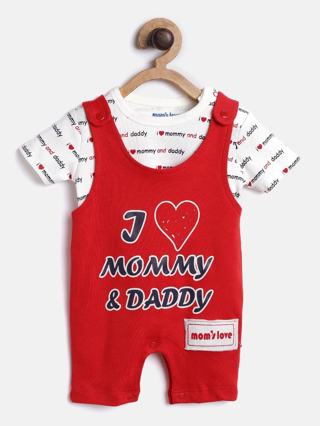 moms love boys red & white printed t-shirt with dungarees