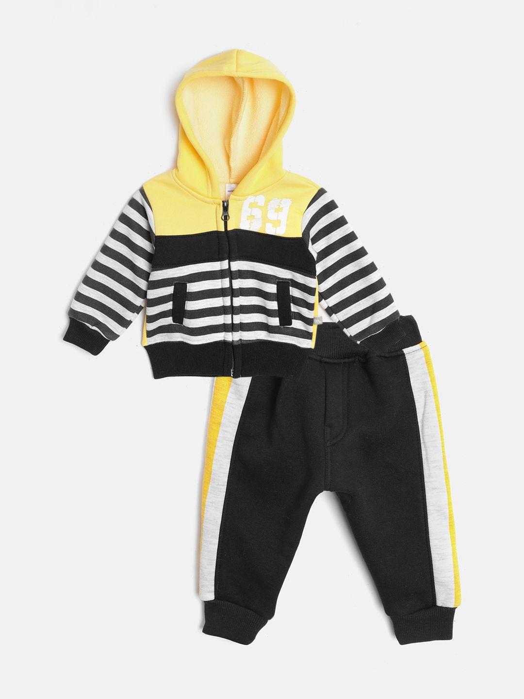 moms love boys yellow & black pure cotton striped sweatshirt with pyjamas