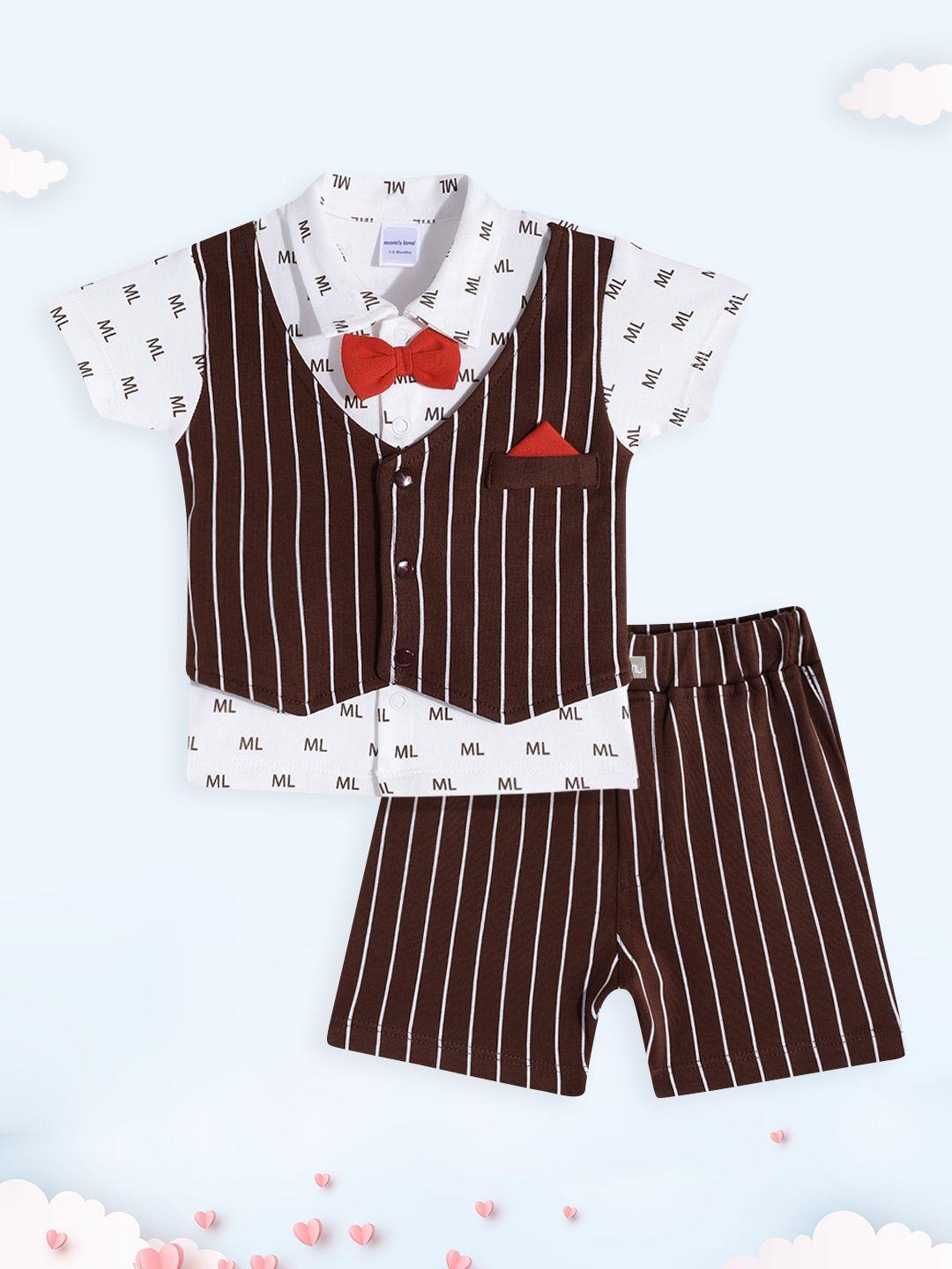 moms love infant boy brown & white striped cotton shirt & shorts with attached waistcoat