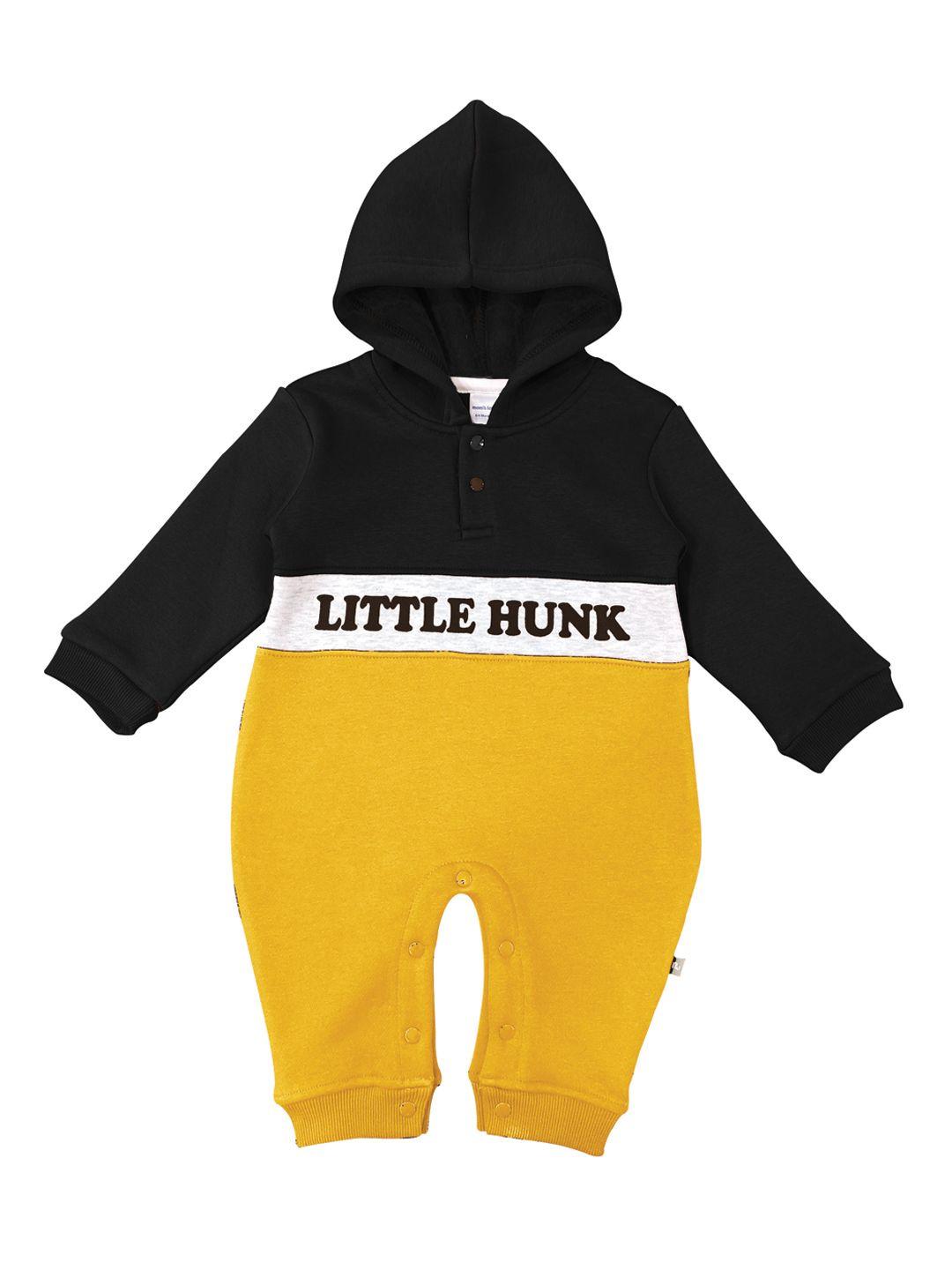 moms love infant boys black & mustard yellow colourblocked pure cotton hooded rompers