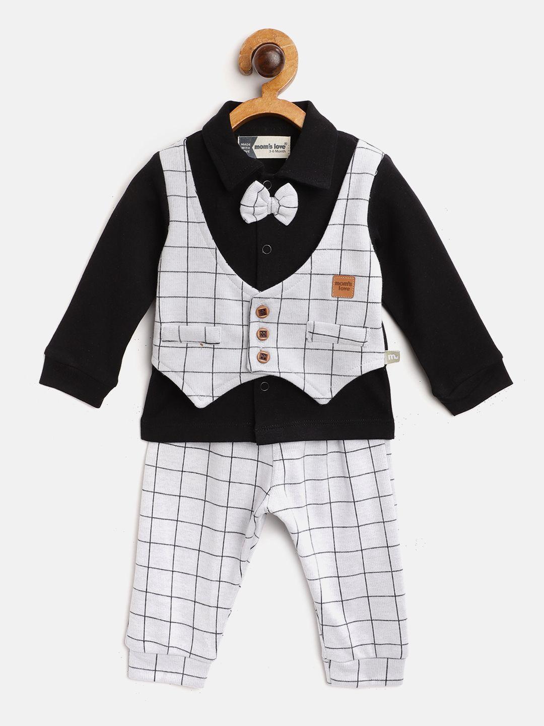 moms love infant boys black & off-white checked cotton clothing set