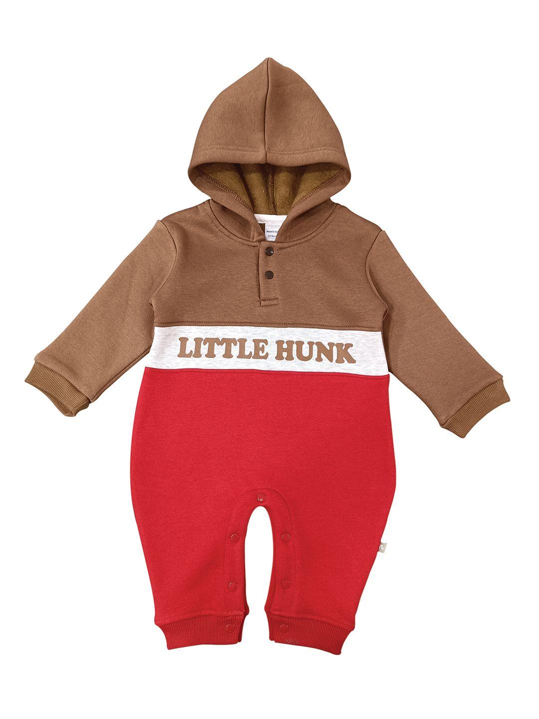 moms love infant boys brown & red colourblocked pure cotton hooded rompers