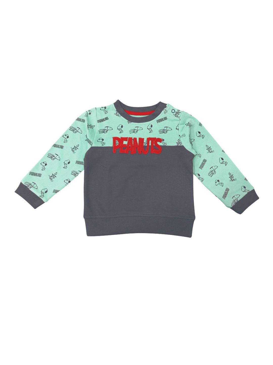 moms love infant boys charcoal grey & green cotton colourblocked snoopy print sweatshirt