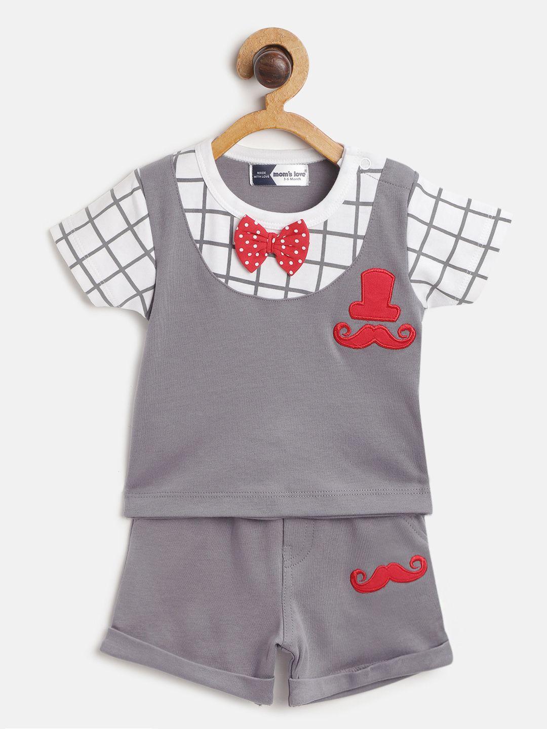moms love infant boys charcoal grey & white checked pure cotton t-shirt & solid shorts