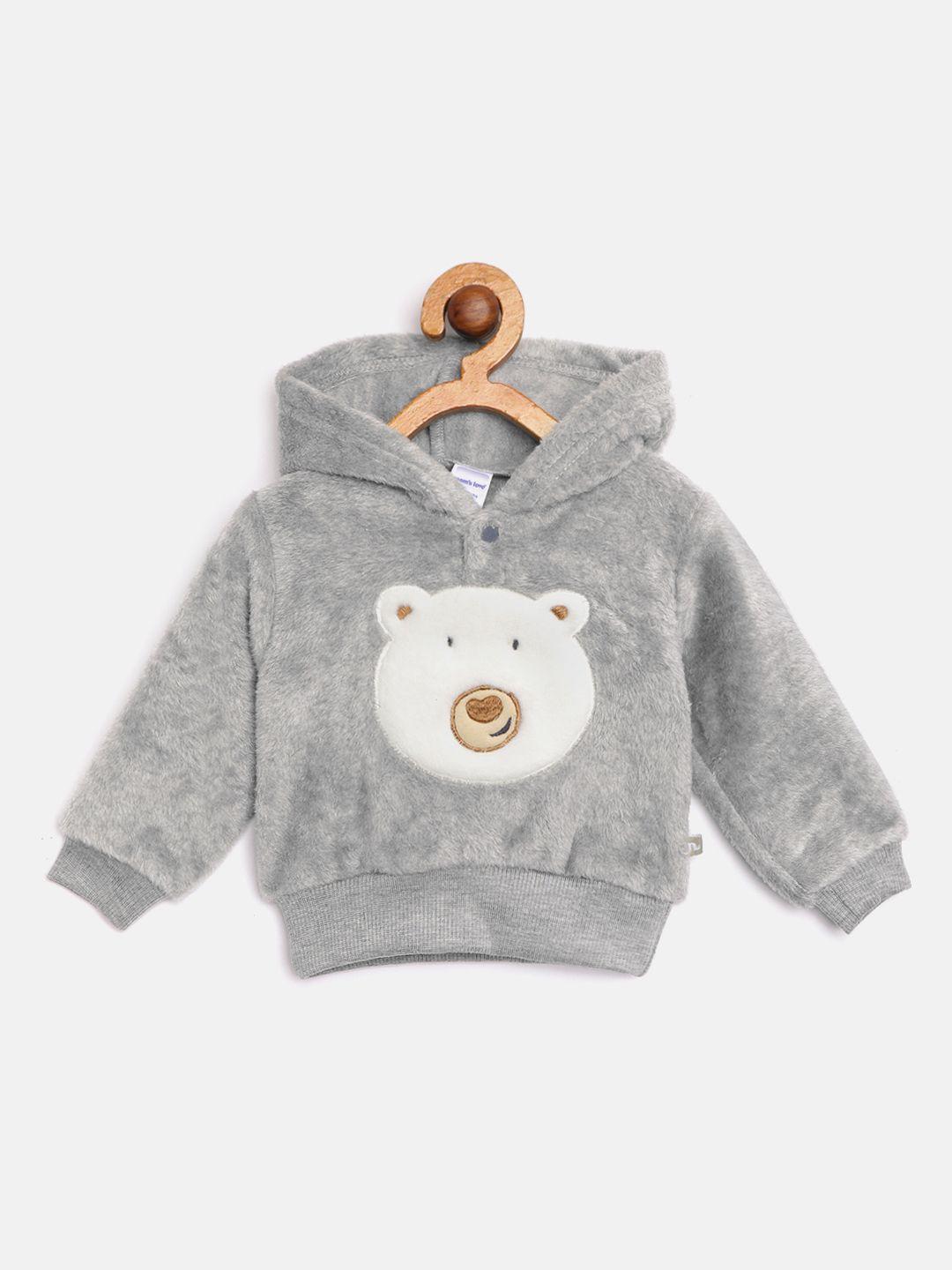 moms love infant boys grey & white pure cotton bear applique sherpa hooded sweatshirt