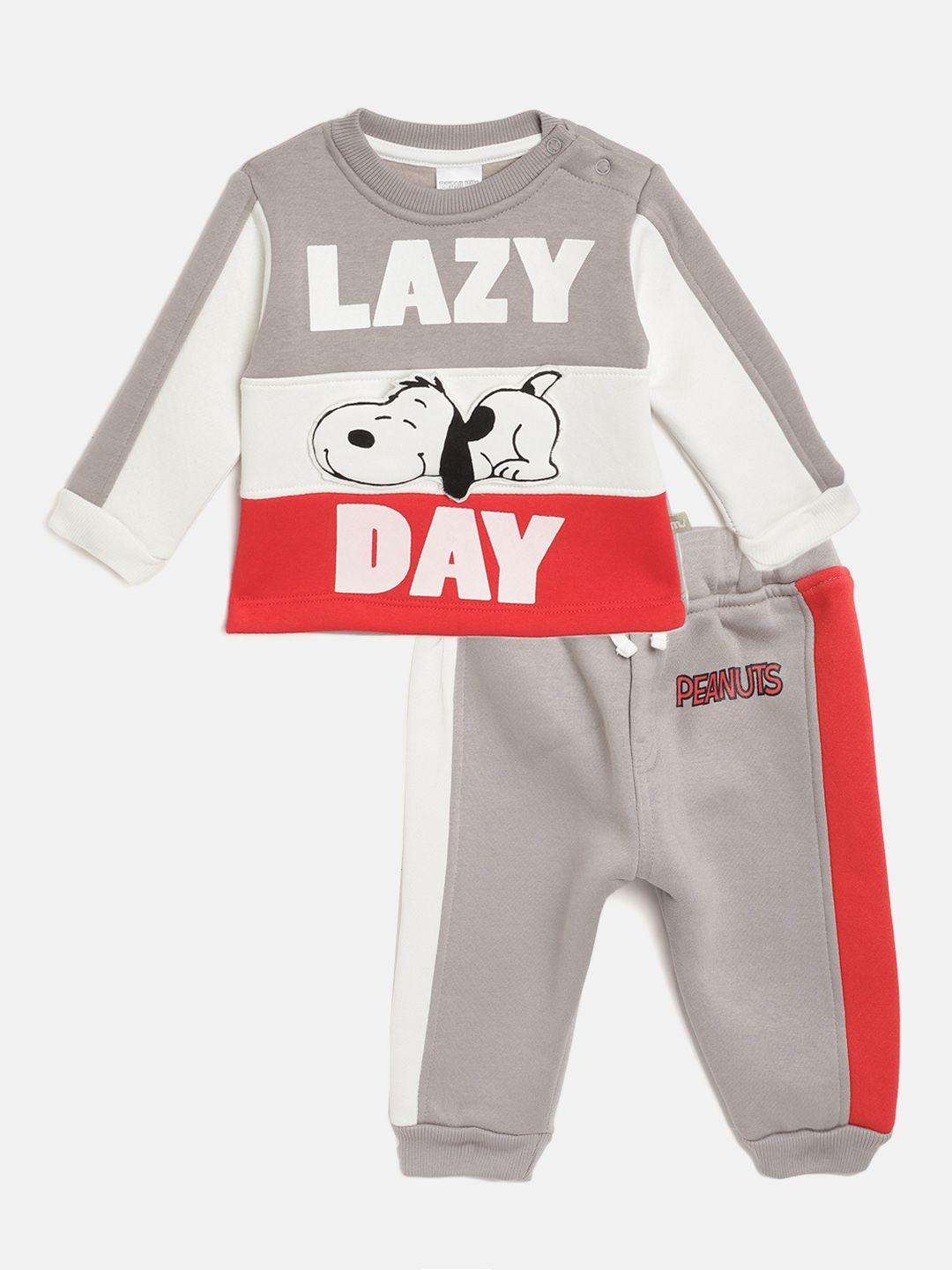 moms love infant boys grey & white snoopy print pure cotton sweatshirt & joggers