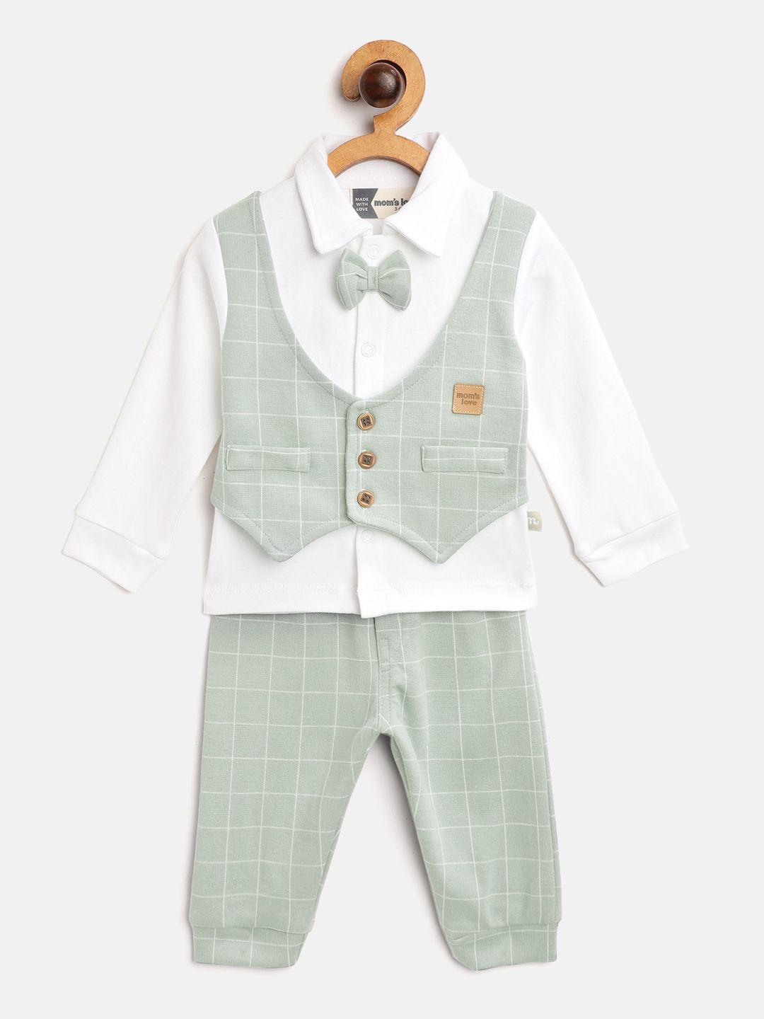 moms love infant boys mint green & white checked cotton clothing set