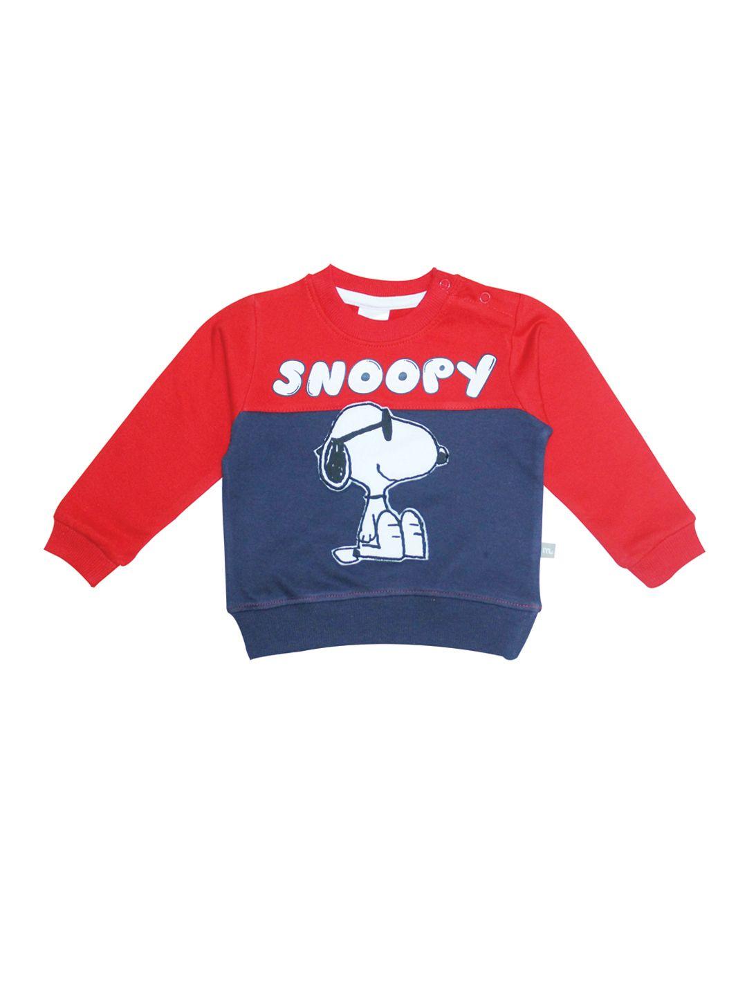 moms love infant boys red & navy blue colourblocked snoopy print pure cotton sweatshirt