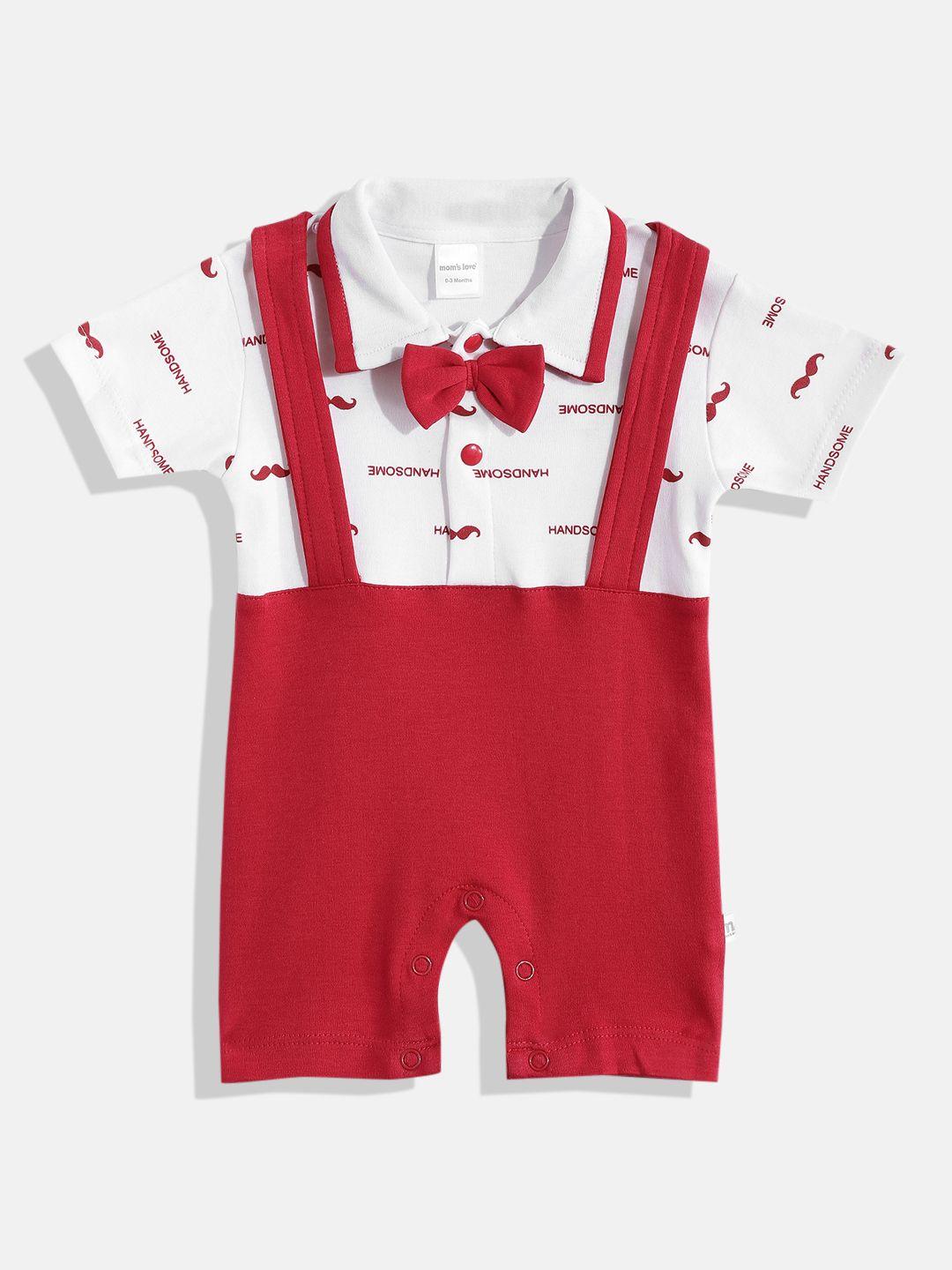 moms love infant boys red & white printed pure cotton rompers