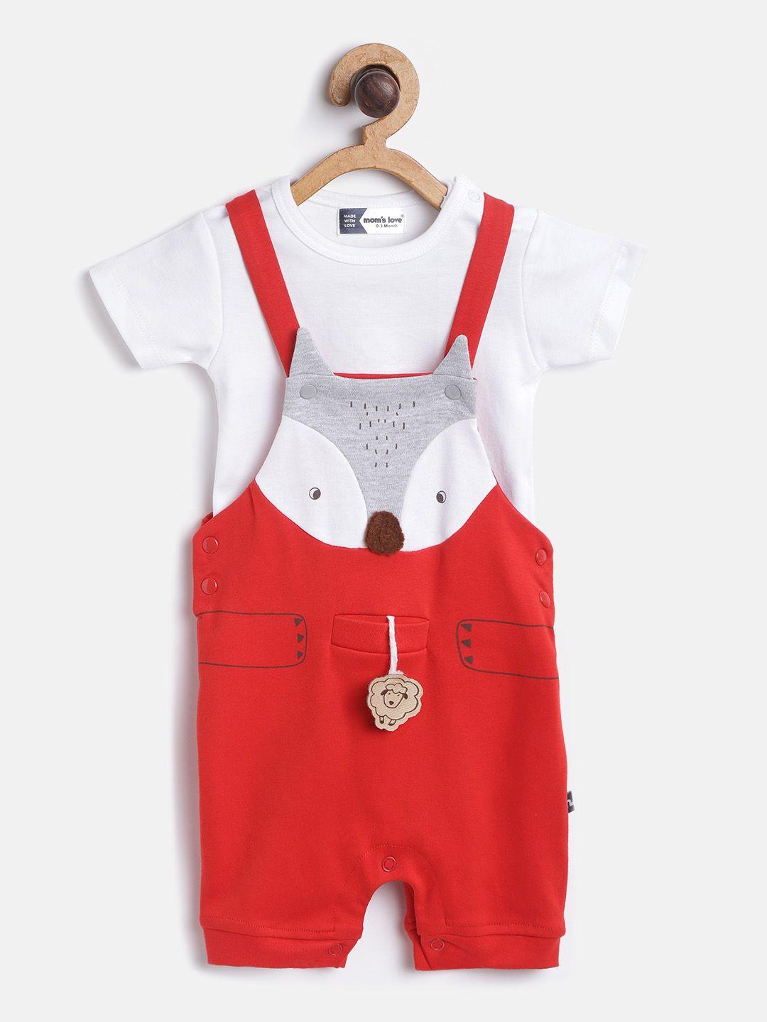 moms love infant boys red & white solid pure cotton t-shirt with printed rompers