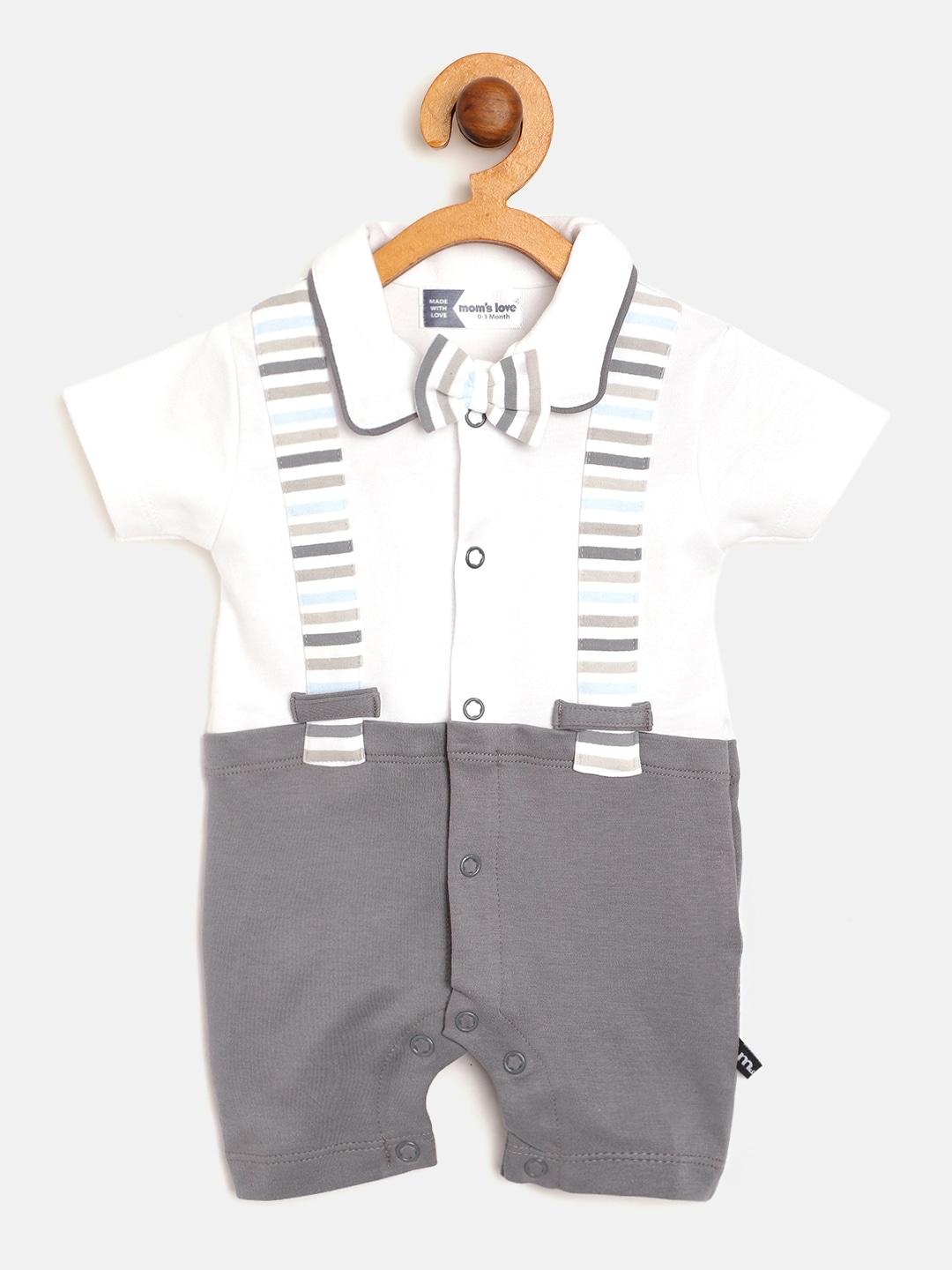 moms love infant boys white & charcoal grey cotton colourblocked rompers with bow detail