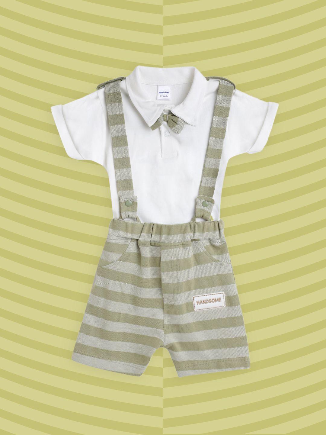 moms love infant boys white & olive green striped bow-tie applique cotton clothing set