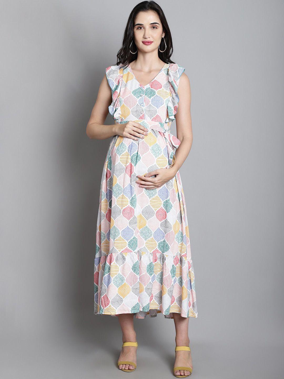 moms maternity abstract printed tie-up fit & flare midi dress