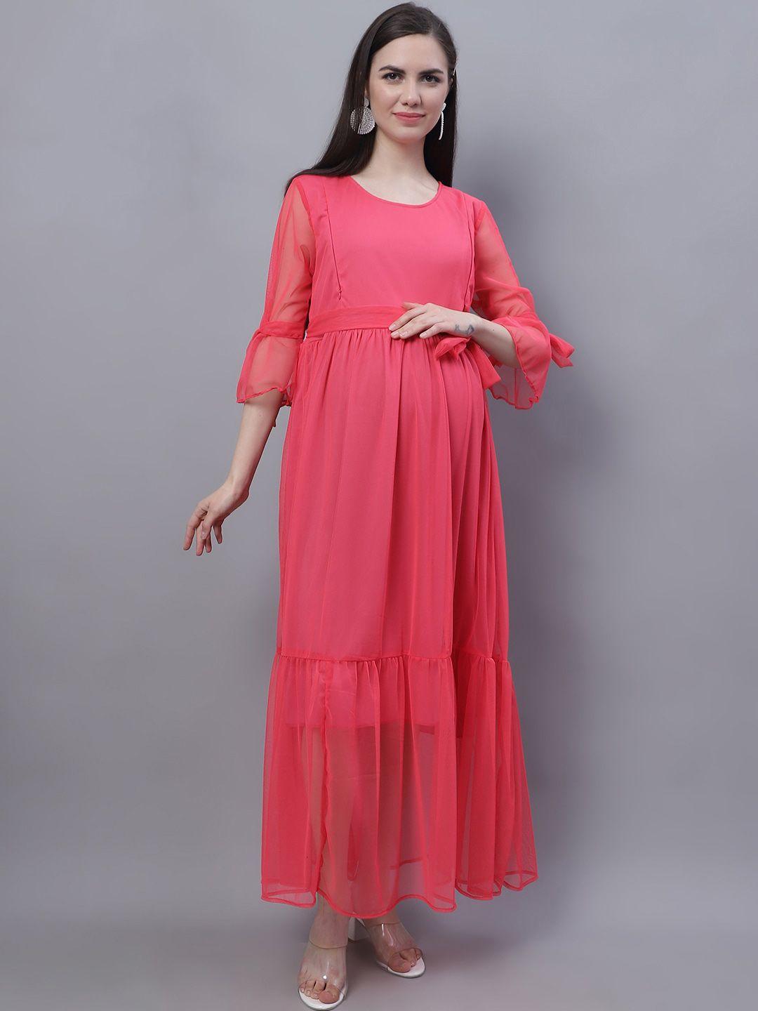 moms maternity bell sleeve net fit & flare maxi dress