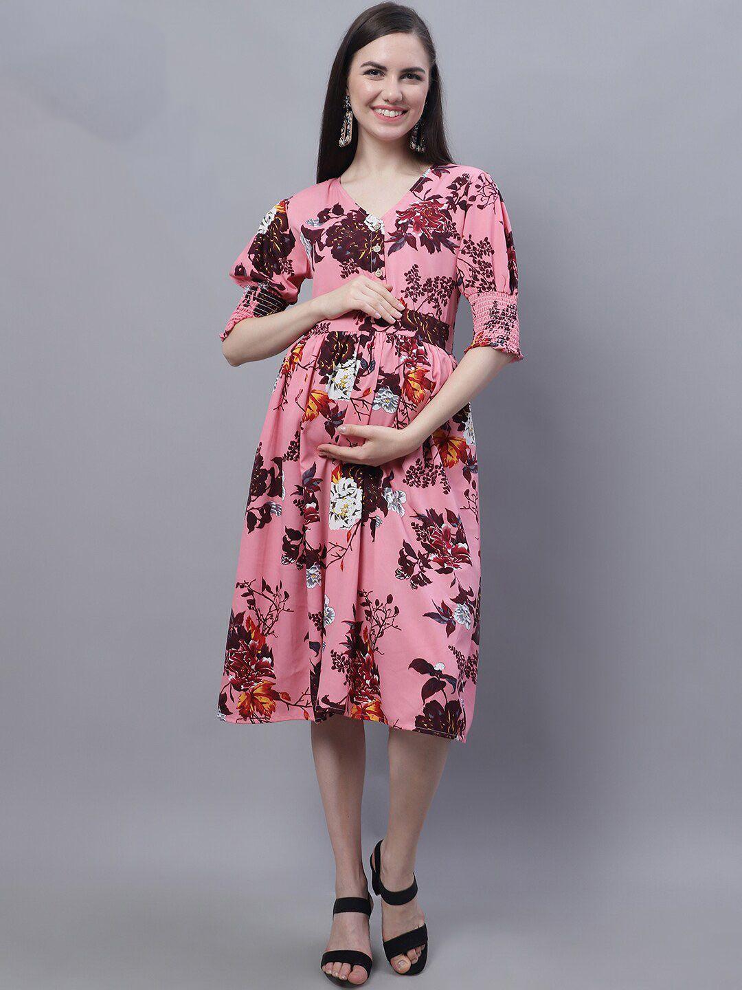 moms maternity feeding floral printed v-neck puff sleeves maternity fit & flare dress