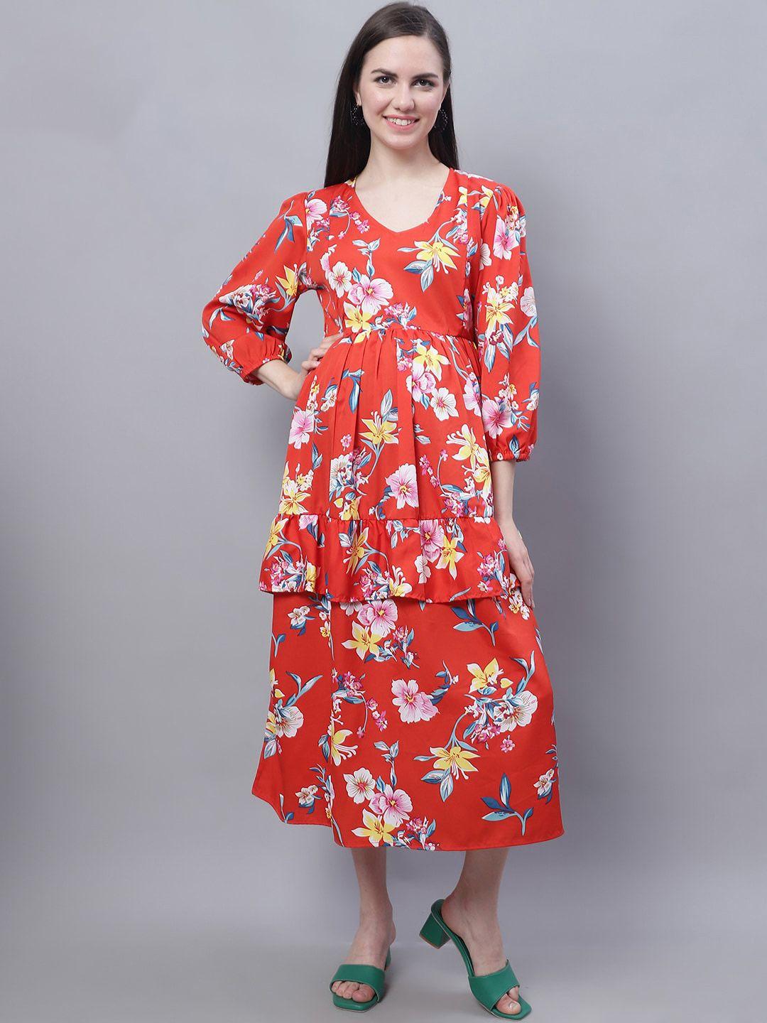 moms maternity feeding floral printed v-neck puff sleeves maternity fit & flare midi dress
